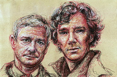 Sherlock Holmes and Dr. Watson  - Pen Drawing Portrait by Singapore contemporary artist Liu Ling