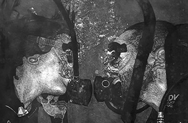 Drawing of two divers Underwater. Beautiful artwork by Singapore contemporary artist Khee.