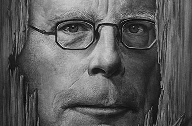 Stephen King - celebrity portrait drawing, contemporary classical realism portrait