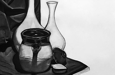 Still Life - classical realism charcoal drawing, Singapore contemporary art scene and art class. Amazing artwork by Singapore contemporary artist