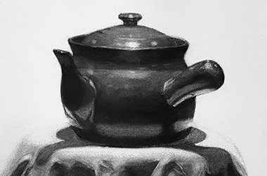 realistic charcoal drawing of a pot still life