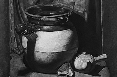 Still Life - classical realism charcoal drawing, Singapore contemporary art scene and art class. Beautiful artwork by Singapore contemporary artist