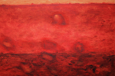 Scarlet encounter III: abstract oil painting, Singapore contemporary arts scene. Artwork by Singapore contemporary artist