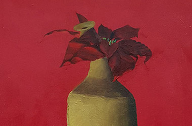 Still Life with Red Kettle, Clay Jar and Poinsettia by art friends - Classical realism in Singapore contemporary art scene. Artwork by Singapore contemporary artist