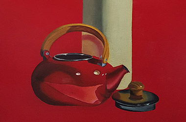 Still Life with Red Kettle, Clay Jar and Rose by art friends - Classical realism in Singapore contemporary art scene. Artwork by Singapore contemporary artist
