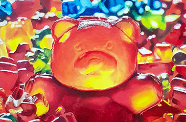 contemporary realism painting of gummy bear