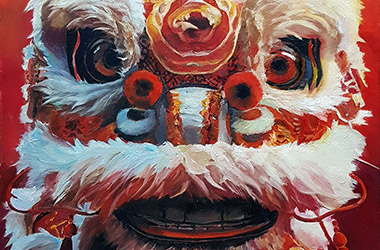 contemporary realism painting of dancing lion