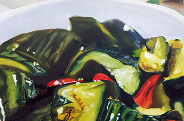 contemporary realism painting of cucumber salad