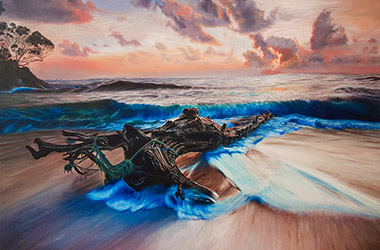 contemporary realism painting of a log at the beach
