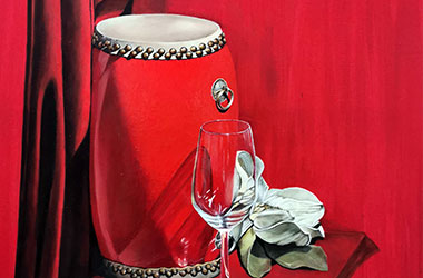 Still Life with Drum, Glass, and Flower: classical realism in Singapore contemporary art scene. Artwork by Singapore contemporary artist