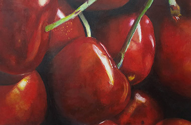 contemporary oil pastel painting of cherries. Artwork by Singapore contemporary artist