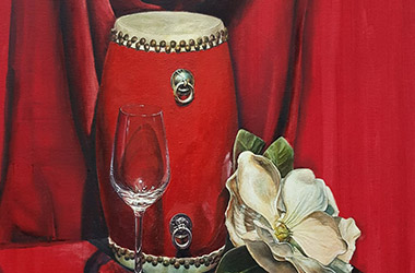 Still Life with Drum, Glass, and Flower: classical realism in Singapore contemporary art scene. Artwork by Singapore contemporary artist